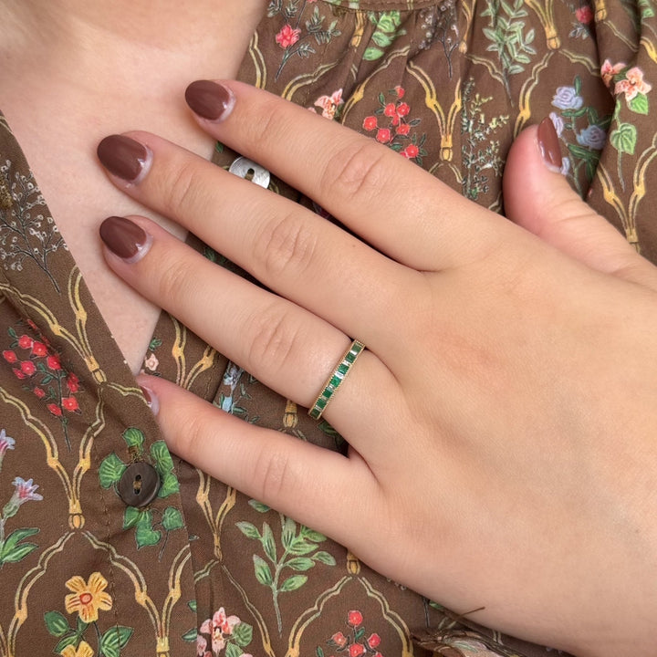 14K Channel-Set Emerald & Diamond Milgrain Stack Ring