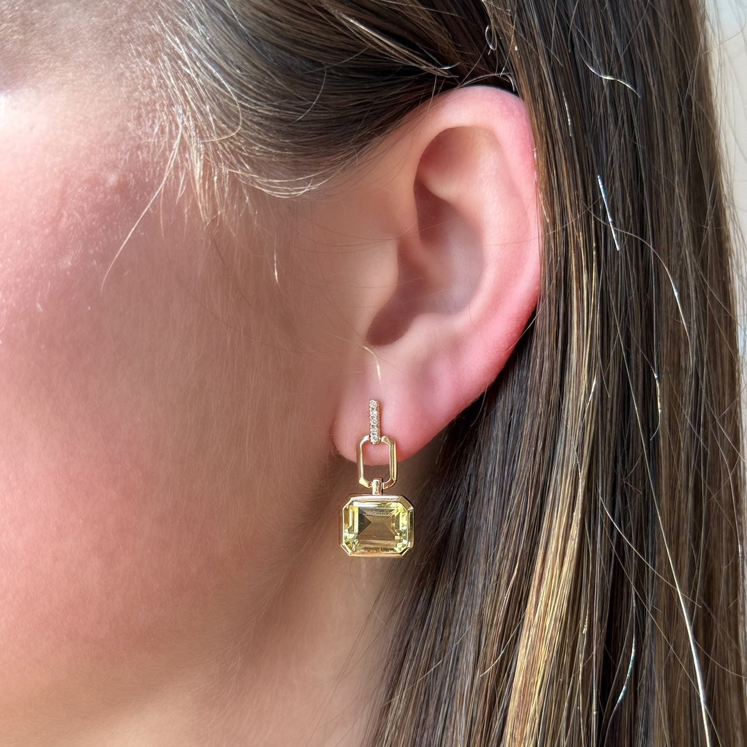 14K Emerald-Cut Lemon Quartz & Diamond Drop Earrings