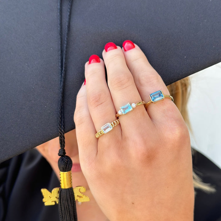14K Natural Gemstone & White Akoya Pearl Ring