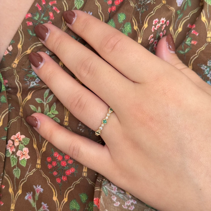 14K Bezel-Set Emerald & Diamond Milgrain Stack Ring