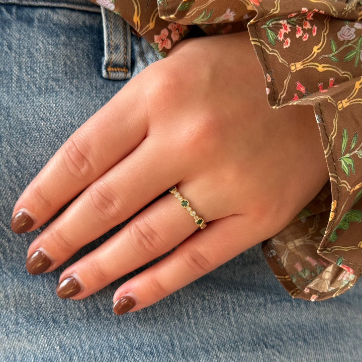 14K Bezel-Set Emerald & Diamond Milgrain Stack Ring