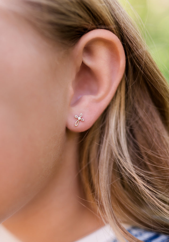 Open Infinity Cross Studs On Model-Embark Fine Jewelry