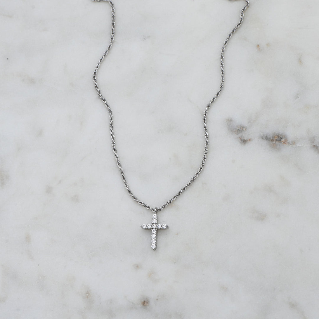 Silver Simple Cross Necklace - Rope Chain