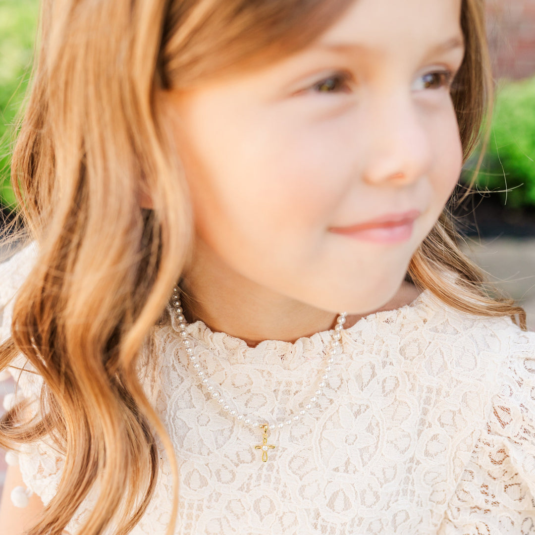 Youth Open Cross Pearl Necklace On Model-Embark Fine Jewelry