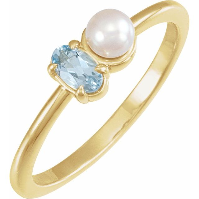 14K Gemstone &amp; Cultured White Akoya Pearl Ring