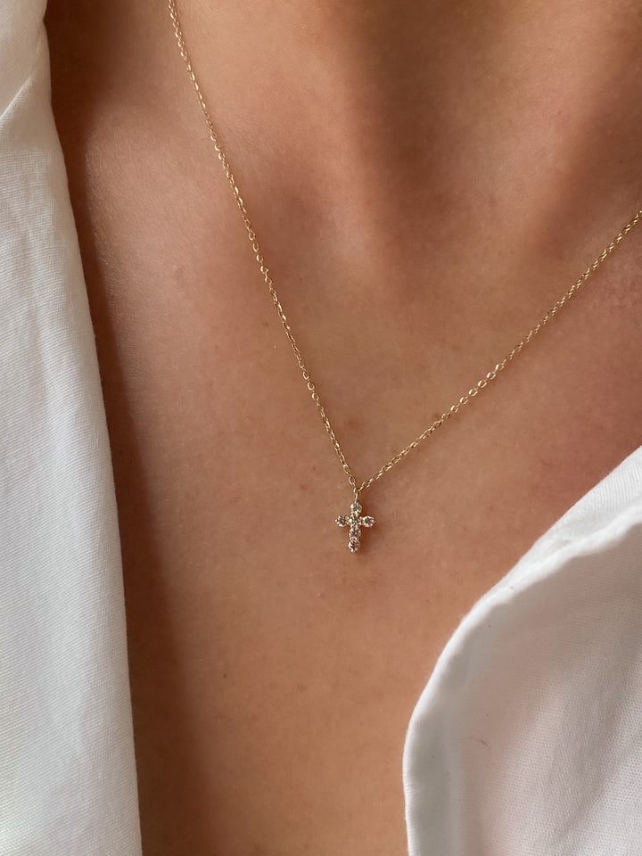 14K Petite Natural Diamond Cross Necklace-Embark Fine Jewelry