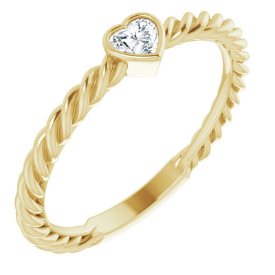 14KY 1/6 CTW Heart Diamond Bezel Set Rope Ring