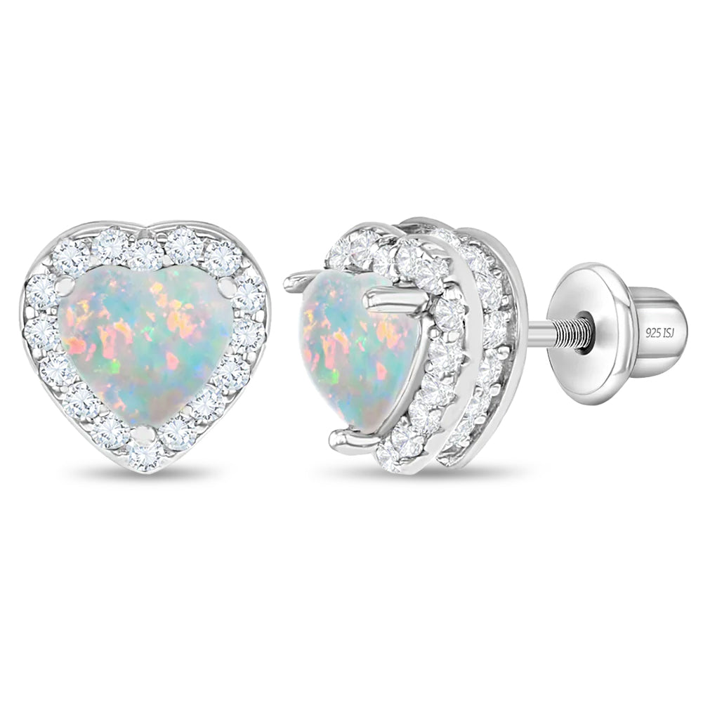 Sterling Silver Opal CZ Heart Stud Earrings